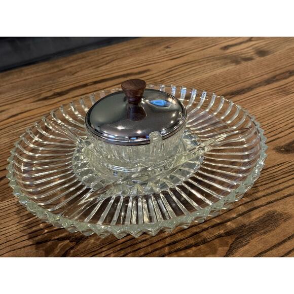 Kromex 12” Lazy Susan, 4-part Divided Glass Tray & Covered Bowl on Chrome Server - Picture 8 of 9